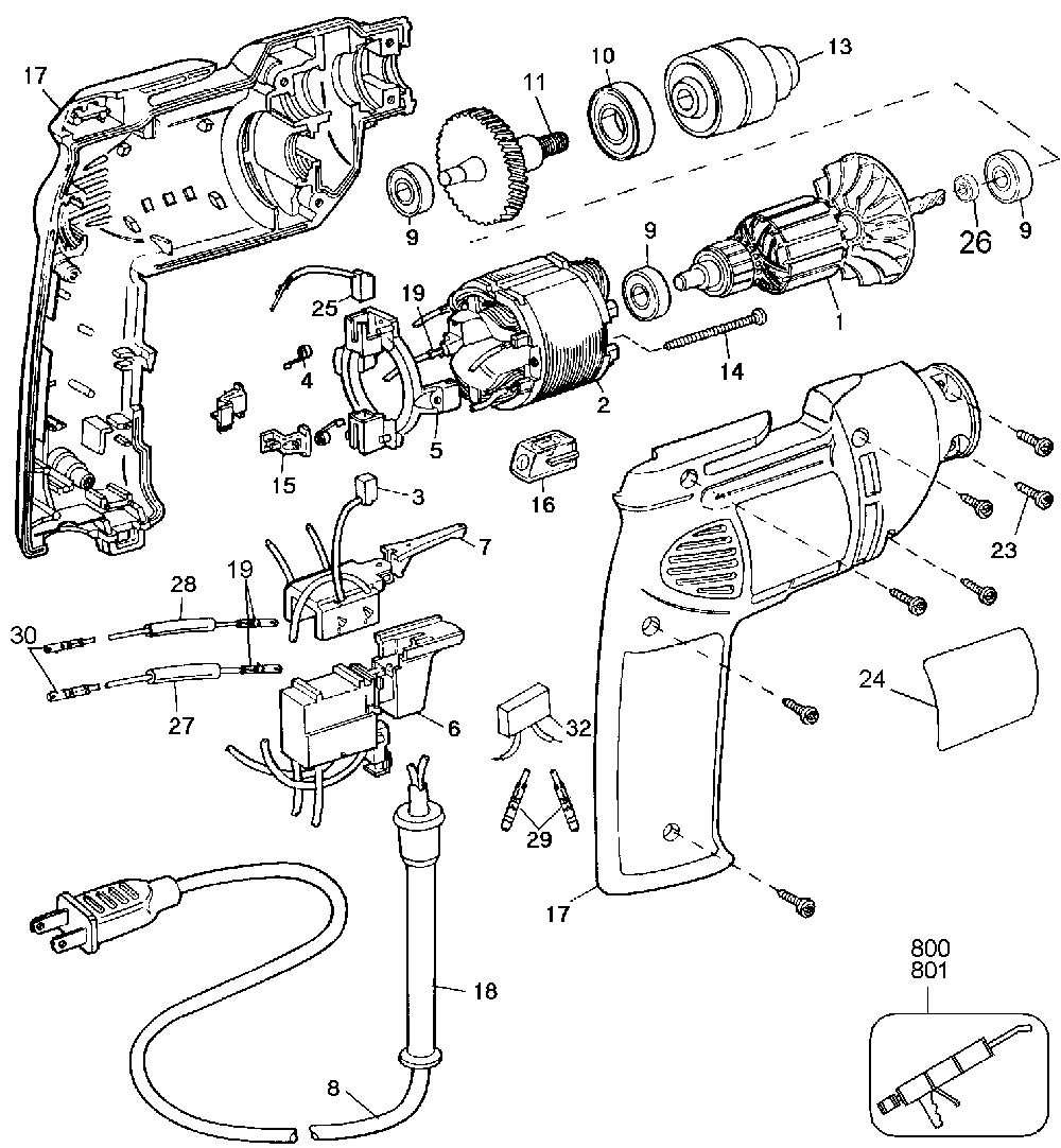 Exploded Diagram A Diagram and Parts List for 1167-AU Type 1 Black and Decker Drill